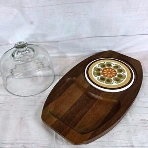 Dolphin Vintage Cheese Dome and Wood Serving Tray Set Retro Floral Glass Cloche